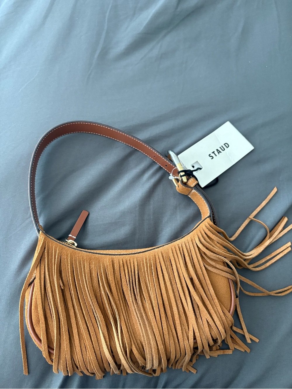 Sold‼️STAUD Suede Crescent Shoulder Bag in Cognac Brown with Tassel - Picture 3 of 15